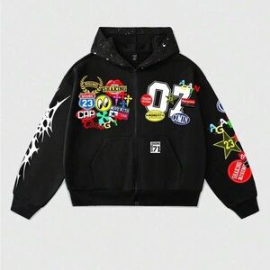 Love J Black Graphic Jacket with Colorful Patches